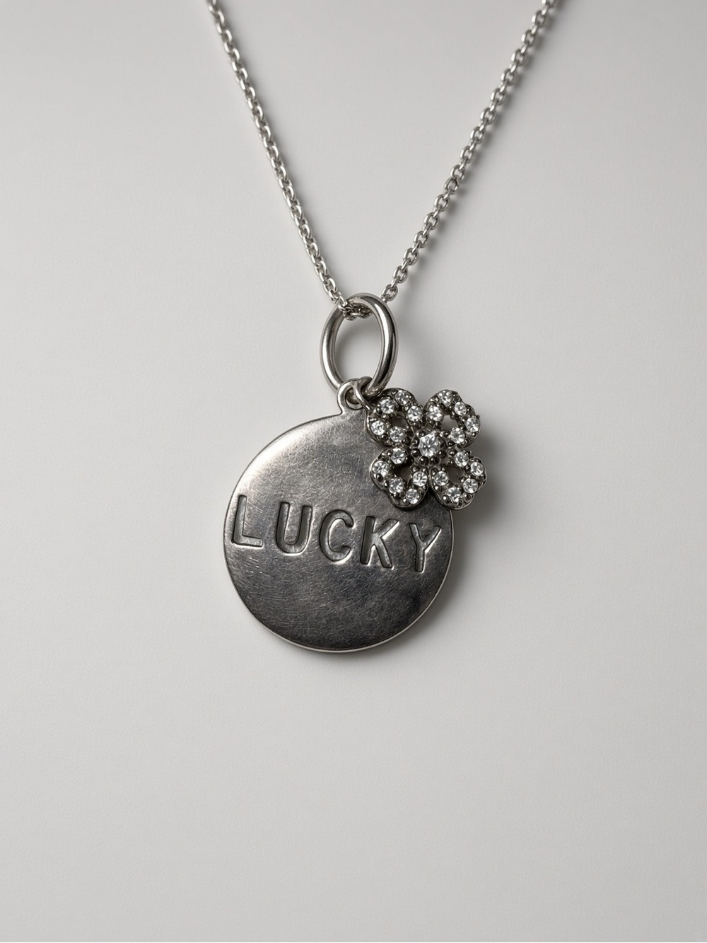 Y2K Sterling Silver Lucky Disc Necklace 16” Clover Charm 925